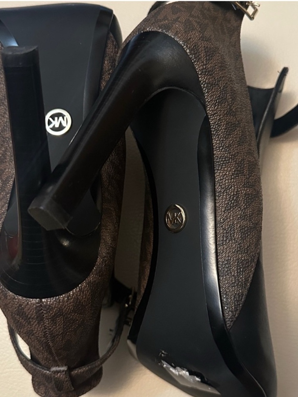 Michael Kors Black and Metallic Gold Textured T-Strap Heels - Picture 5 of 5